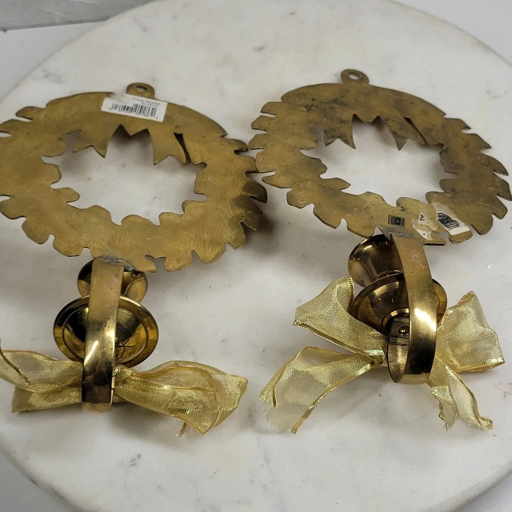 Solid Brass Christmas Wreath Candle Wall Sconces Pair Gold Holly Vintage Holiday